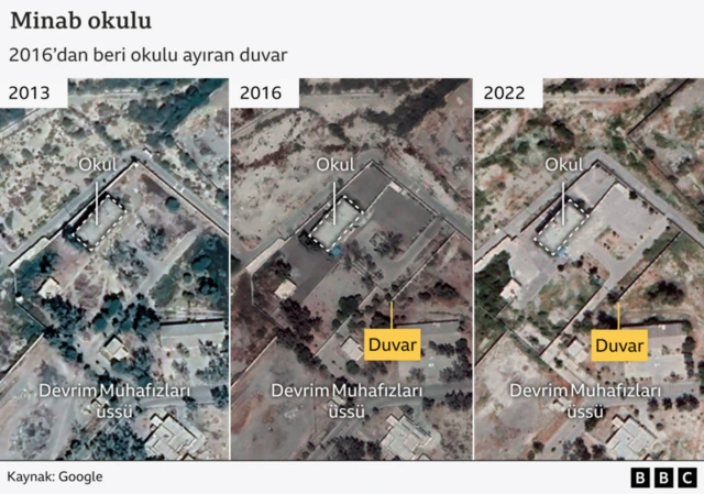Okulu ve devrim muhafızları üssünü gösteren bu haritada 2013-16 arasında iki bölge arasına duvar çekildiği görülüyor