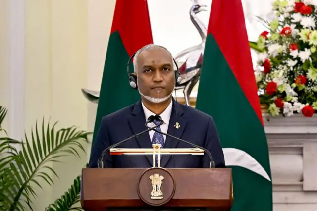 সোমবার দিল্লিতে সাংবাদিক সম্মেলনে প্রেসিডেন্ট মুইজ