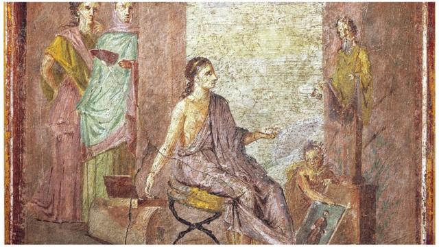 O afresco de Pompeia mostra uma pintora pintando uma estátua, 55-79 A.D.