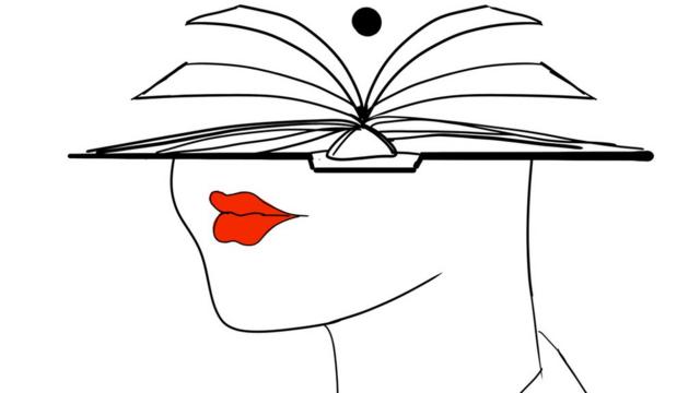 Ilustração mostra mulher com livro no lugar da parte superior da cabeça