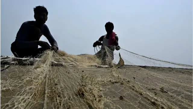 মাছ ধরা বন্ধের সময়টাতে জাল মেরামতের কাজ করেন জেলেরা।