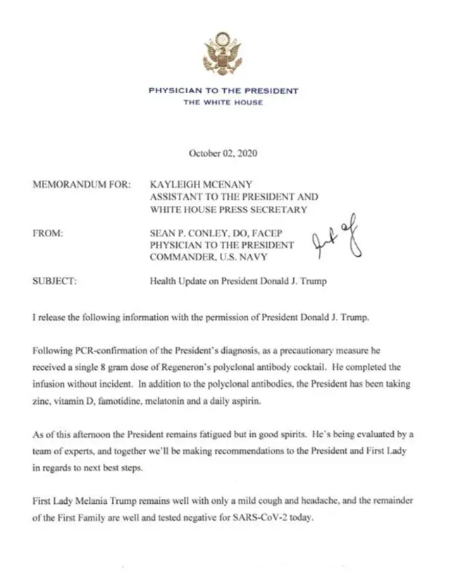 Thông báo của bác sĩ riêng cho Tổng thống Trump đăng trên Twitter