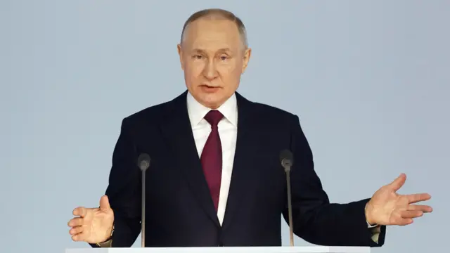 Vladimir Putin delivers his annual address before the Federal Assembly at the Gostiny Dvor conference center in Moscow, Russia, 21 February 2023