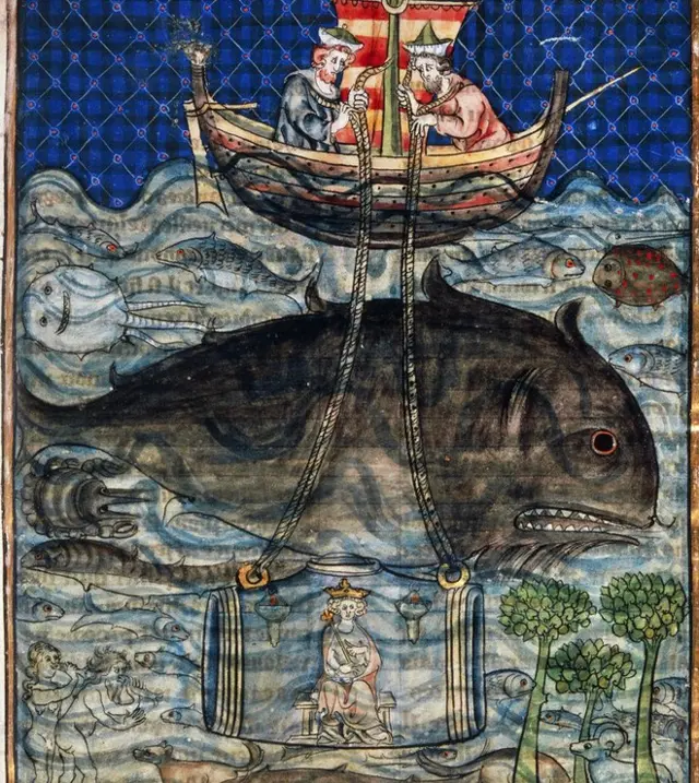 Ilustración medieval de Alejandro Magno sumergido en un barril de vidrio.