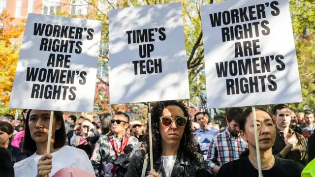 Concentración de empleadas ante las oficinas de Google en Nueva York en 2018