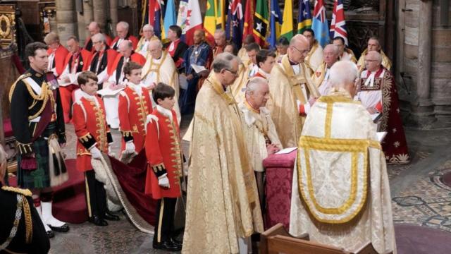 King Charles III during his coronation ceremony in Westminster Abbey, London