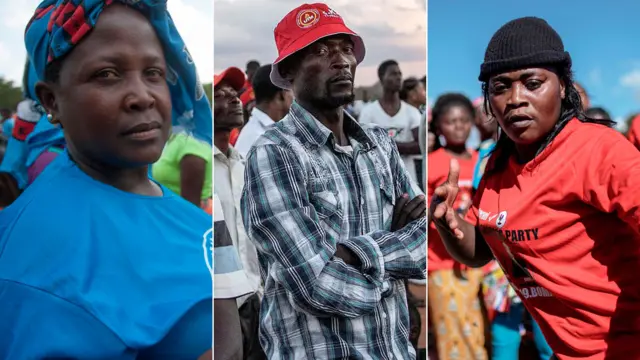 Three Malawians supporting different parties - 'Yan Malawi uku da ke goyon bayan jam'iyyu daban daban.