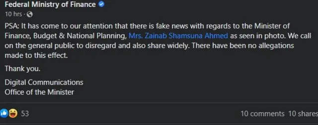 Aworan iroyin ti ileeṣẹ iṣuna NAijiria gbe sita lati sọ pe minisita iṣuna, Zainab Ahmed Shamsuna ko mọ nipa ayederu iroyin naa