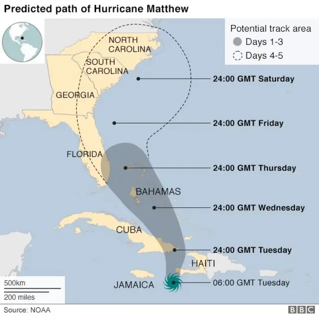 La trajectoire de l'ouragan Matthew