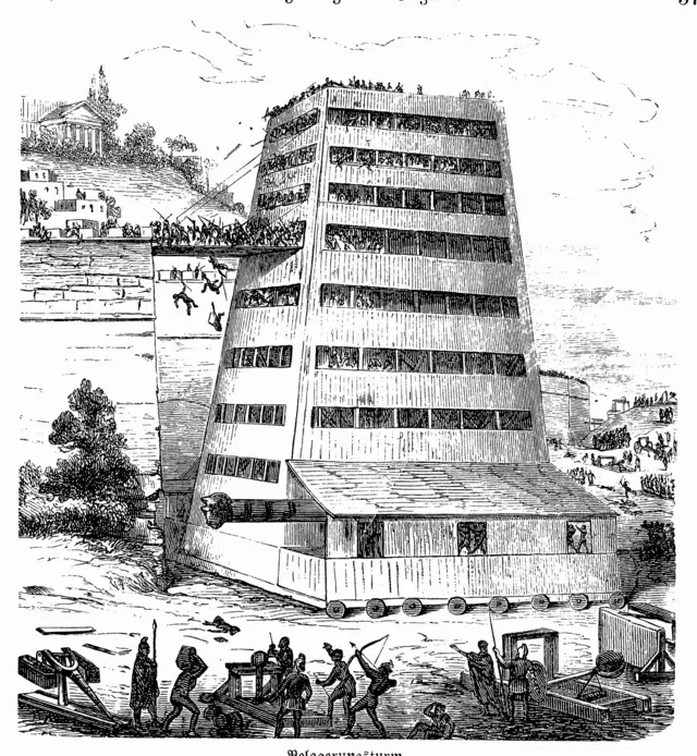 Grabado de una torre de asedio romana.
