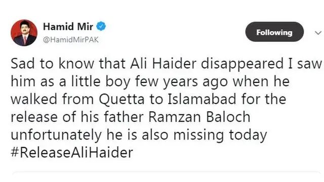 حامد میر کی ٹویٹ کا عکس