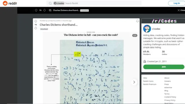 Página de Reddit con la carta de Dickens