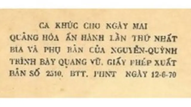 Thông tin in và kiểm duyệt trong tập nhạc Ca Khúc Cho Ngày Mai (Sài Gòn: Quảng Hóa, 1970) của Phạm Duy.