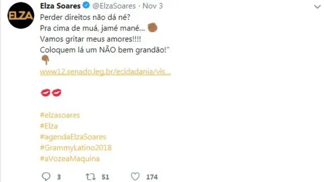 Tuíte de Elza Soares