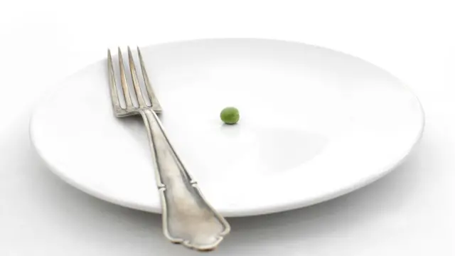 Un plato con una arveja y un tenedor