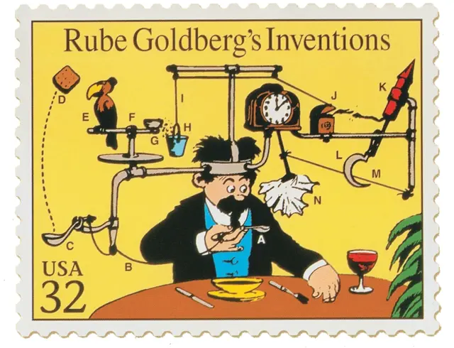 Sello del servicio postal de Estados Unidos (incluido en la hoja de sellos "Comics Classics"), fecha desconocida. Hoja de sellos de USPS. Ilustraciones Copyright © Rube Goldberg Inc. Todos los derechos reservados. RUBE GOLDBERG® es una marca registrada de Rube Goldberg Inc. Todos los materiales se usan con permiso. rubegoldberg.com.