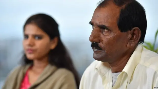 Ashiq Mesih (R) and Eisham Ashiq, the husband and daughter of Asia Bibi speak in London