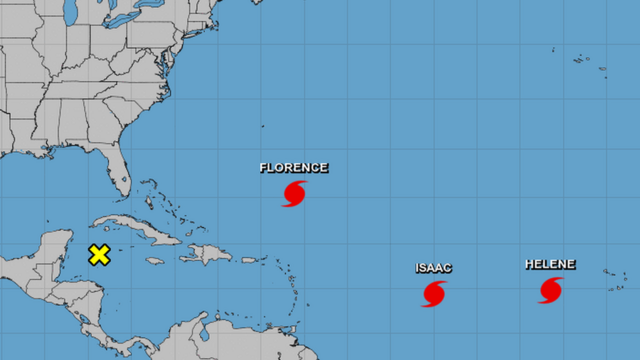 Mapa do Atlântico com a localização dos furacões Florence, Isaac e Helene