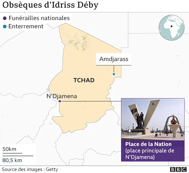 Carte des lieux des cérémonies de funérailles d'Idris Déby