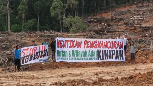 Masyarakat adat berdemo di Desa Kinipan, Kalimantan Tengah menolak konvesi hutan menjadi perkebunan sawit.