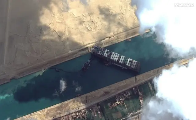 Satellite image from Maxar Technologies showing the Ever Given in Egypt's Suez Canal (26 March 2021)