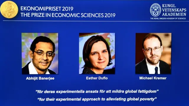 Images of (L-R) Abhijit Banerjee, Esther Duflo, and Michael Kremer, winners of the Nobel Prize in Economic Sciences 2019