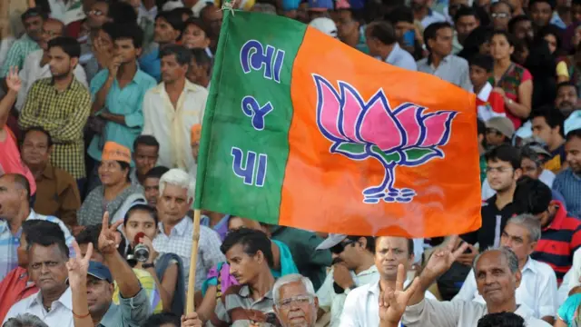 જનસભામાં ભાજપના ધ્વજ સાથે લોકો