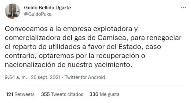 Un tuit de Guido Bellido