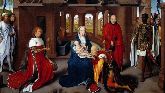Triptyque de l'Adoration des Mages : panneau central. Les Rois Mages sont des portraits de Charles le Téméraire et de Philippe le Bon. Tempera sur bois de Hans Memling (1433-1494). vers 1470. 0,95 x 1,45 m. Musée du Prado, Madrid, Espagne