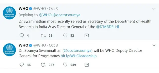ડૉ. સૌમ્યાની નિમણૂક અંગેના WHOના ટ્વીટ