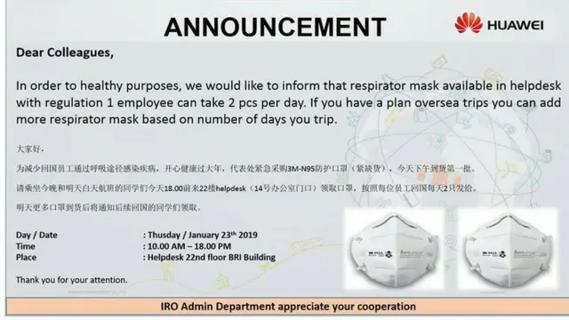 Surat pengumuman Huawei kepada pegawainya di Jakarta bahwa Huawei menyediakan dua masker pernapasan kepada pegawainya.