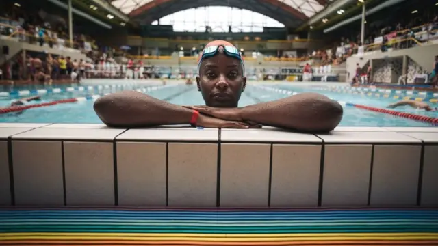 Ugandan swimmer Clare Byarugaba poses during the swimming competition at the 2018 Gay Games