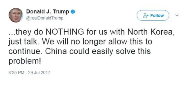 آقای ترامپ در توییت روز شنبه خود نوشته: "چین بسیار ناامیدم کرد. رهبران ساده لوح قبلی به آنها صدها میلیارد دلار سود رساندند در حالی که اونها (پکن) هیچ کاری برای ما نکردند