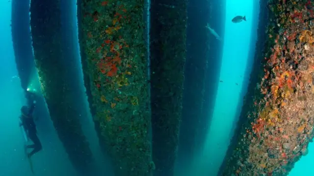 Una plataforma petrolera vista debajo del agua