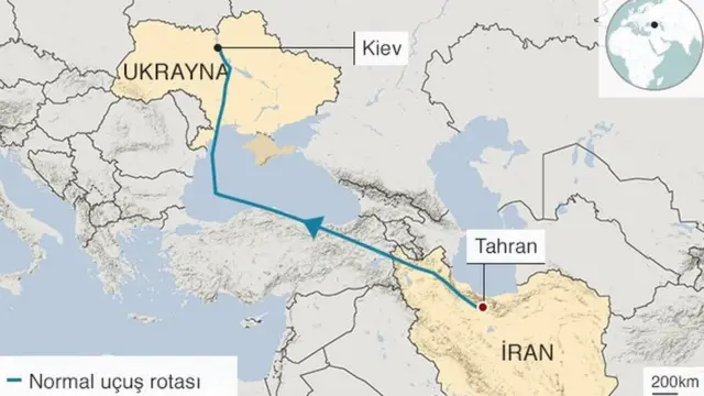 Tahran Kiev seferini yapan uçağın rotası