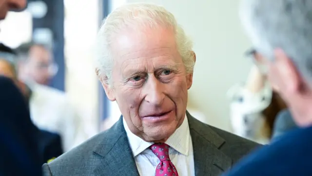 O rei Charles usando uma gravata rosa e vermelha e um terno cinza