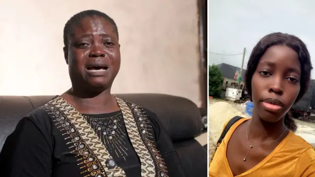 Mrs Agbro wear balck cloth wey get cream,brown and black design shw diddonnfor chair wit tear for her eyes. Favour wear yellow sun clour top as she look inside di camera.