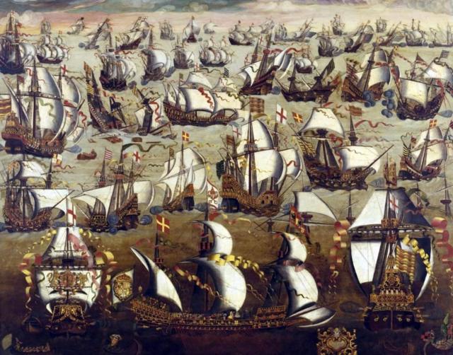 Pintura del siglo XVI de la Armada Española, 130 barcos que zarparon de A Coruña en agosto de 1588, al mando del duque de Medina Sidonia con el propósito de escoltar a un ejército de Flandes para invadir Inglaterra.
