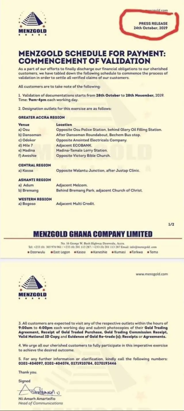 Ridwan Dan'Mamah na im post dis screengrab notice from Menzgold for Facebook