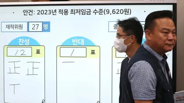 29일 한국노총 이동호 근로자위원과 박준식 최저임금위원회 위원장이 투표결과 전광판 앞을 지나고 있다