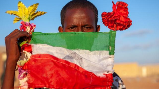Un adolescente con una bandera nacional, región de Togdheer, Burao, Somalilandia