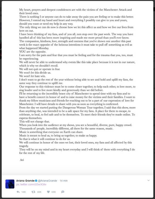 Comunicado de Ariana Grande en Twitter