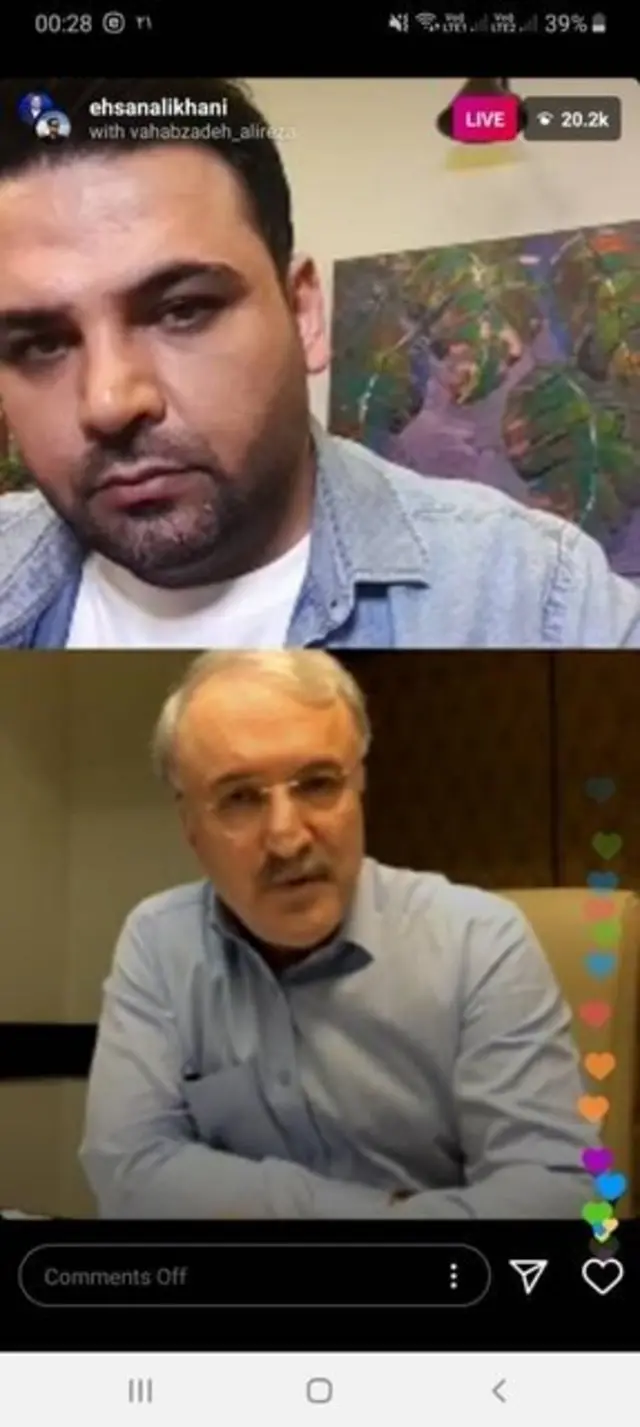 آقای نمکی در گفتگوی زنده اینستاگرامی با احسان علیخانی مجری تلویزیون حکومتی ایران شرکت کرده بود