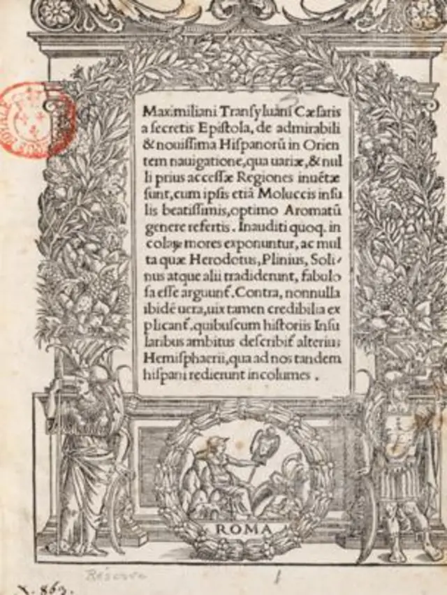 Carta de Maximiliano Transilvano, secretário de Carlos 1º, na qual é reconhecida a ação de Elcano e seus homens