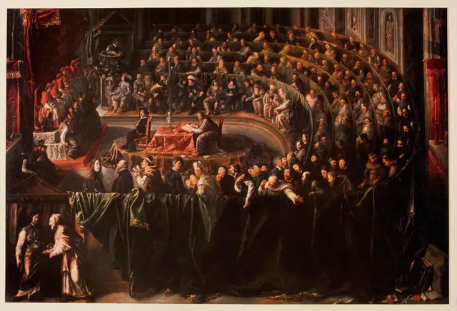 Pintura representando o julgamento de Galileu, em Roma, em 1633