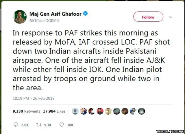 पाकिस्तानी लष्कराचे प्रवक्ते मेजर जनरल आसिफ गफूर यांचं ट्वीट
