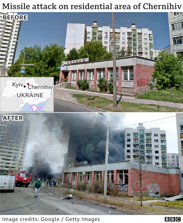 Images show before and afta one attack on Chernihiv for Ukraine
