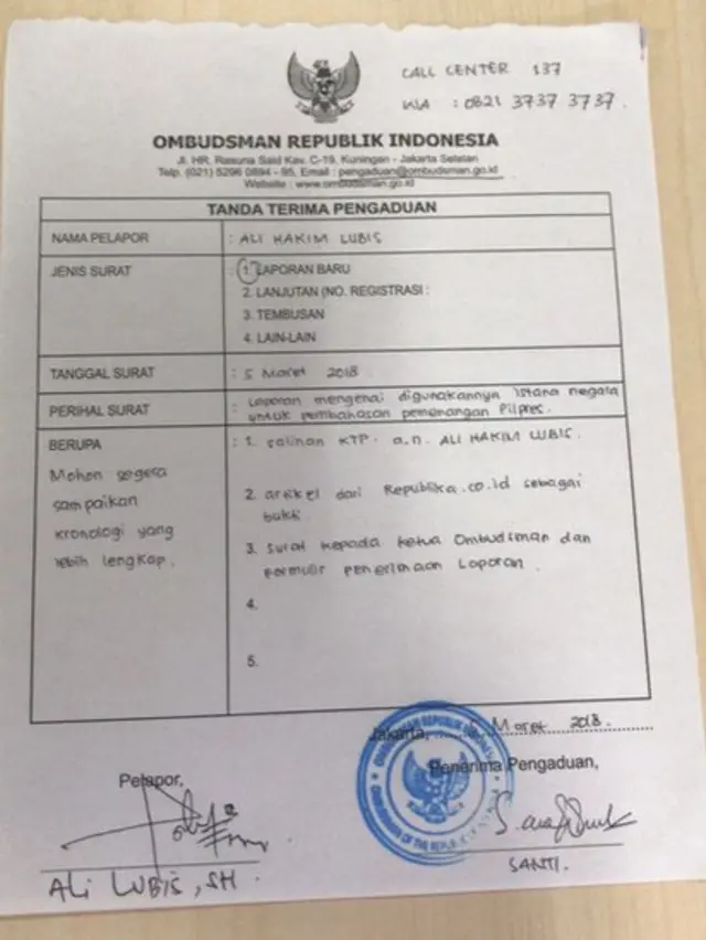 Tanda terima pengaduan ACTA ke Ombudsman hari ini.