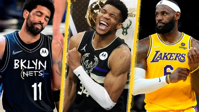 Kyrie Irving (left), Giannis Antetokounmpo (centre) and LeBron James (right)