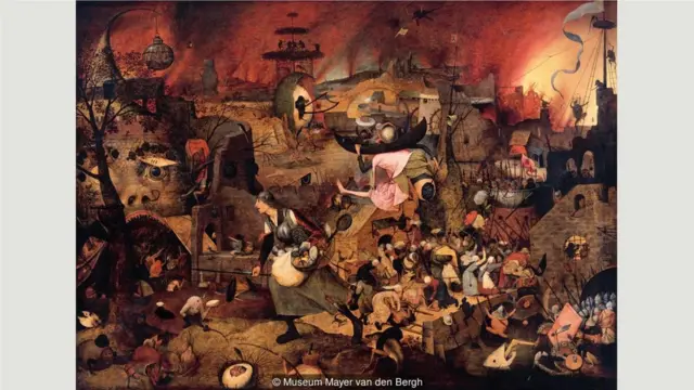 1563年 的作品《疯狂的梅格》（Dulle Griet）深受荷兰画家博斯（Hieronymus Bosch）的影响，画的是一个佛兰德民间传说中的人物带领一群妇女洗劫地狱。